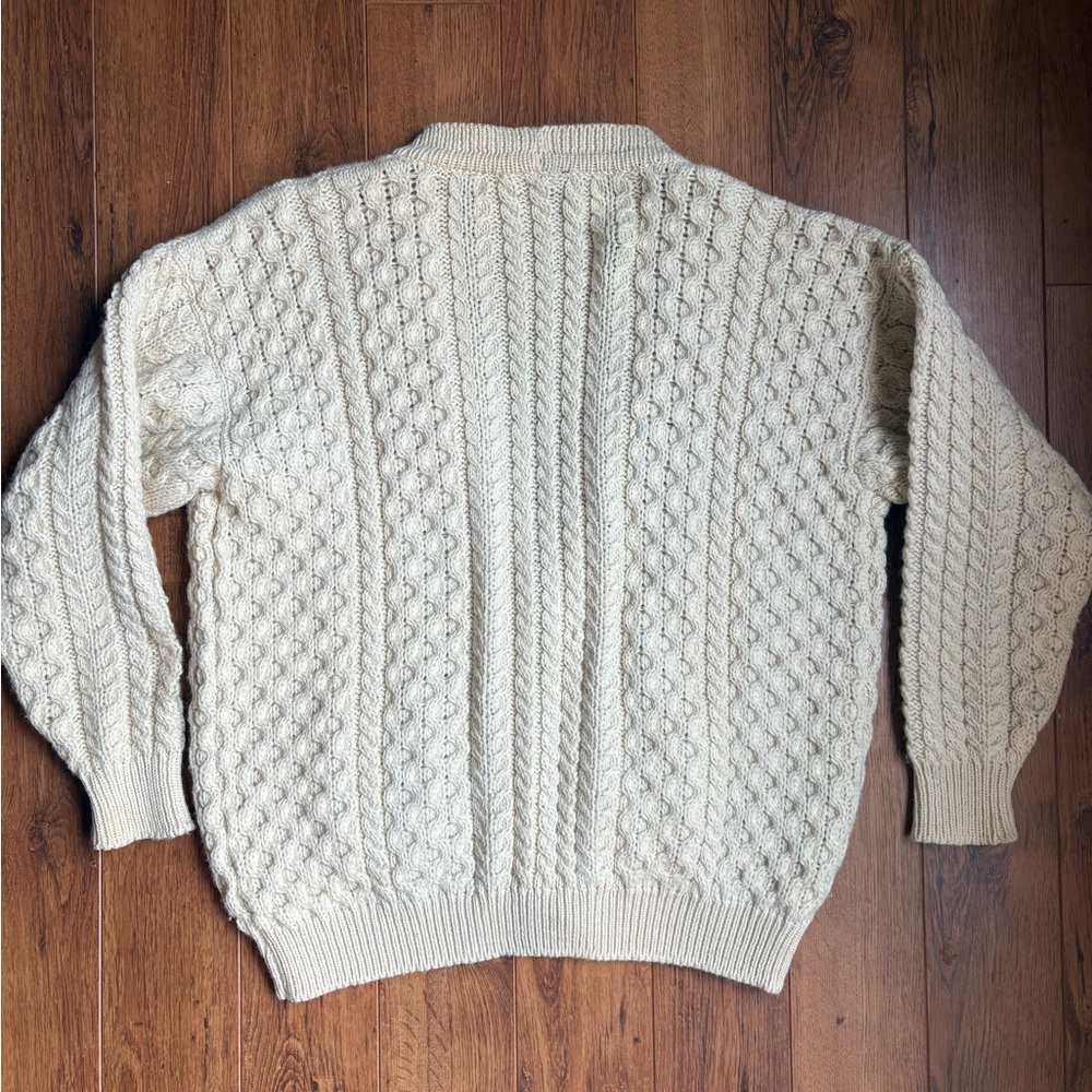 Traditional Vintage Aran Irish Fisherman Wool Cable Knit Cardigan Sweater. XL - Picture 6 of 9